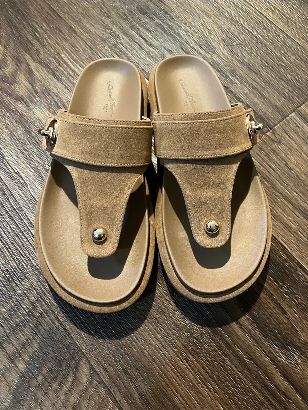 Women’s Tan Suede Thong Sandals - Casual Slide Ons with Stunning Gold Buckle